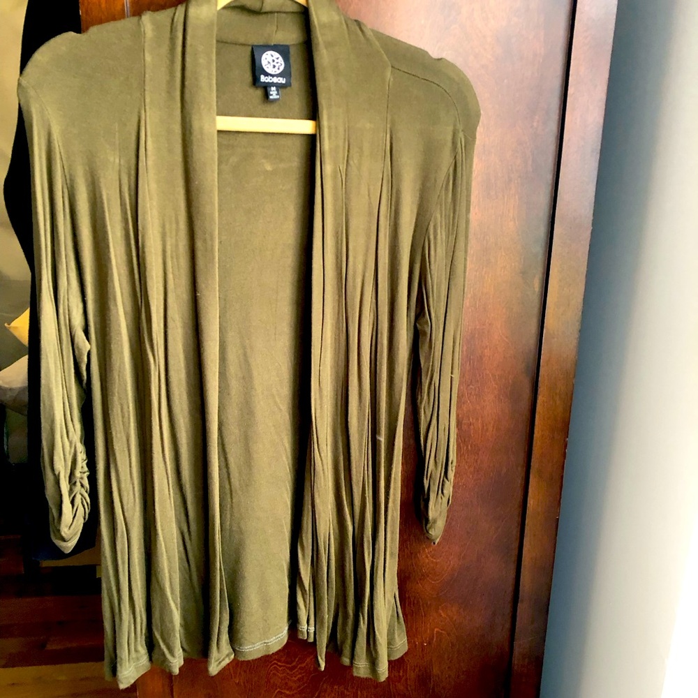 BOBEAU Shawl Collar 3/4 scrunched sleeve waterfall cardigan OLIVE GREEN - Medium